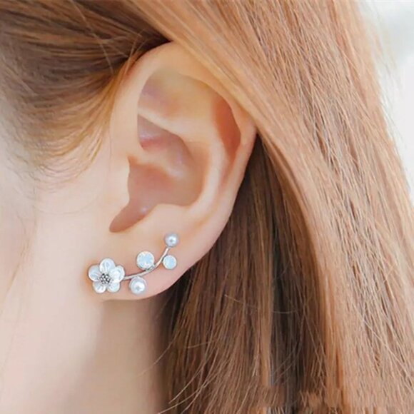 “Floral Dreams” Japanese Cherry Blossom Minimalist Spring Pearl/Diamond Earrings - Picture 6 of 6